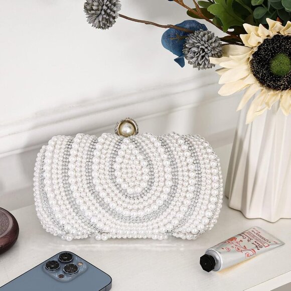 Women's Pearl Beaded Evening Clutches Bags for Wedding Luxury Evening Purse Hand - Picture 4 of 7